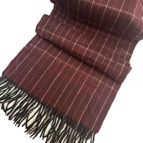 PRONTO UOMO Maroon Plaid 100% Pure New Wool‎ Fringed Scarf Vintage - Picture 1 of 5